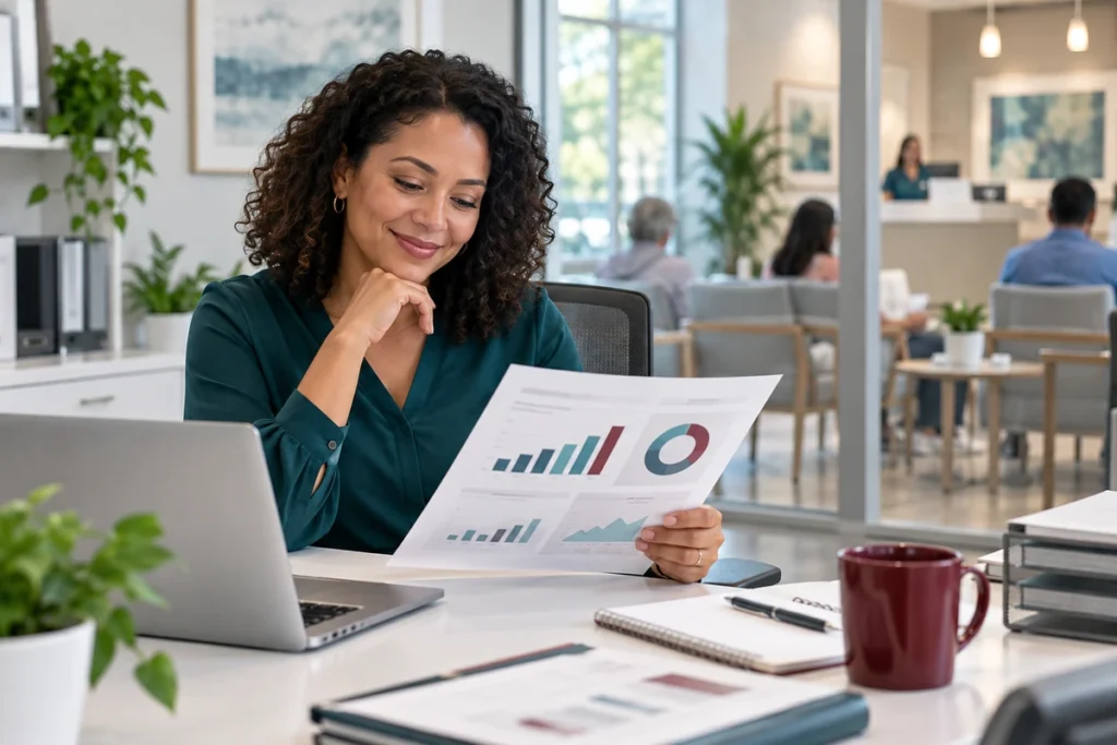 Practice manager reviewing a billing report in a calm clinic