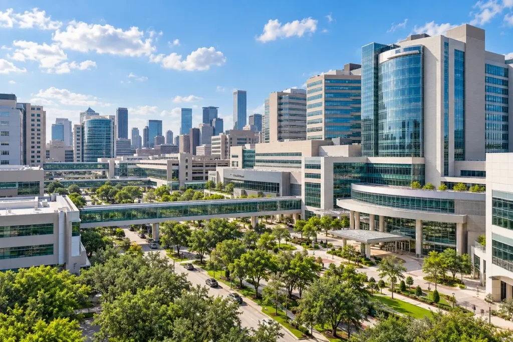Expansive Houston medical-district campus in daylight