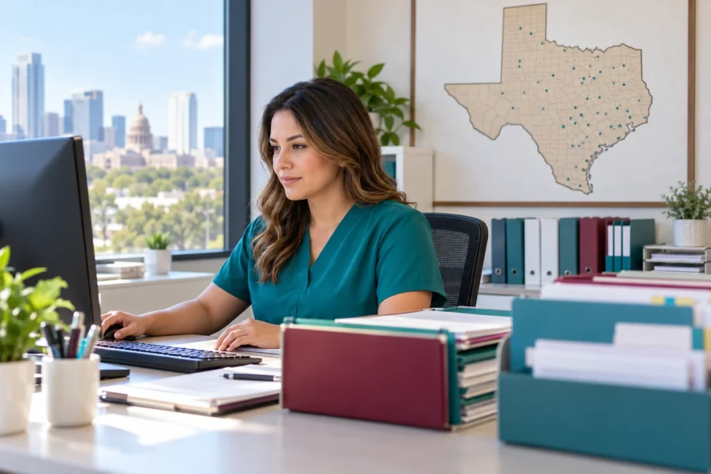 Billing specialist at a desk with a Texas map behind her