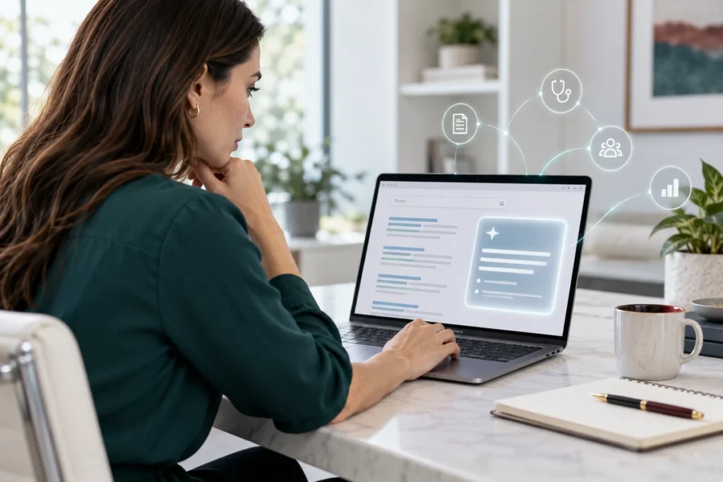 Healthcare marketer reviewing AI-influenced search results