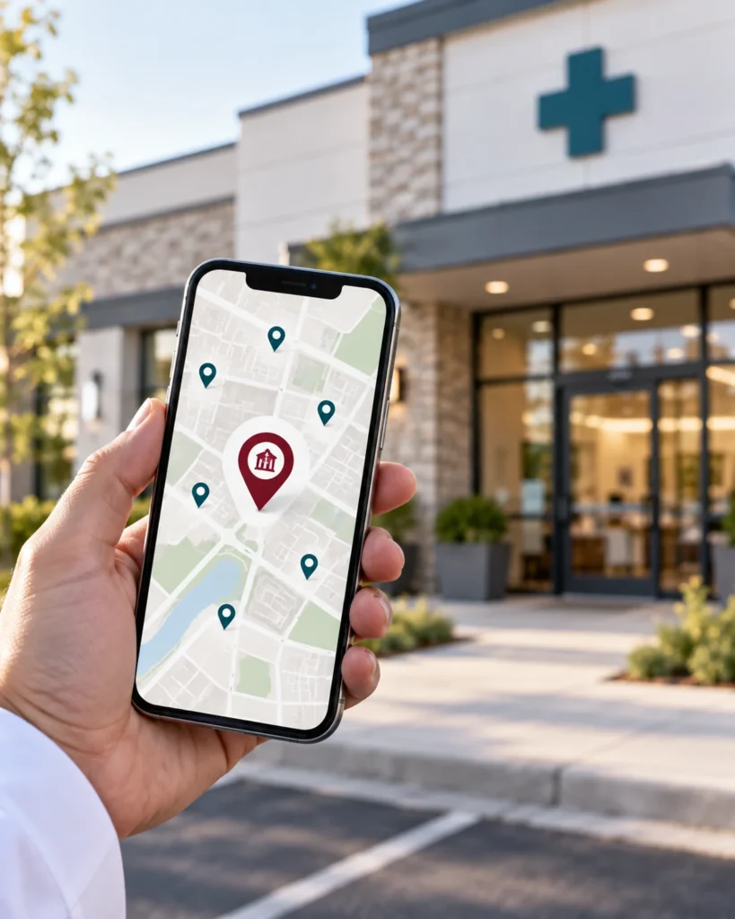 Smartphone map search locating a neighborhood medical clinic