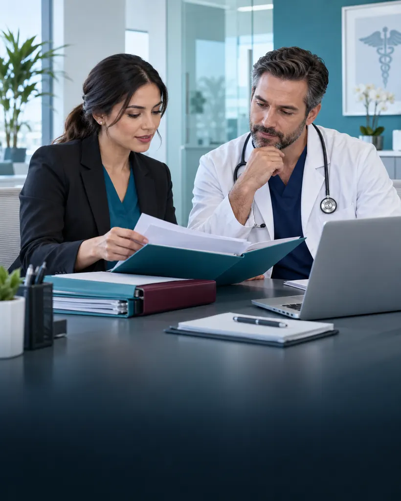 Credentialing specialist reviewing provider enrollment documents with a physician