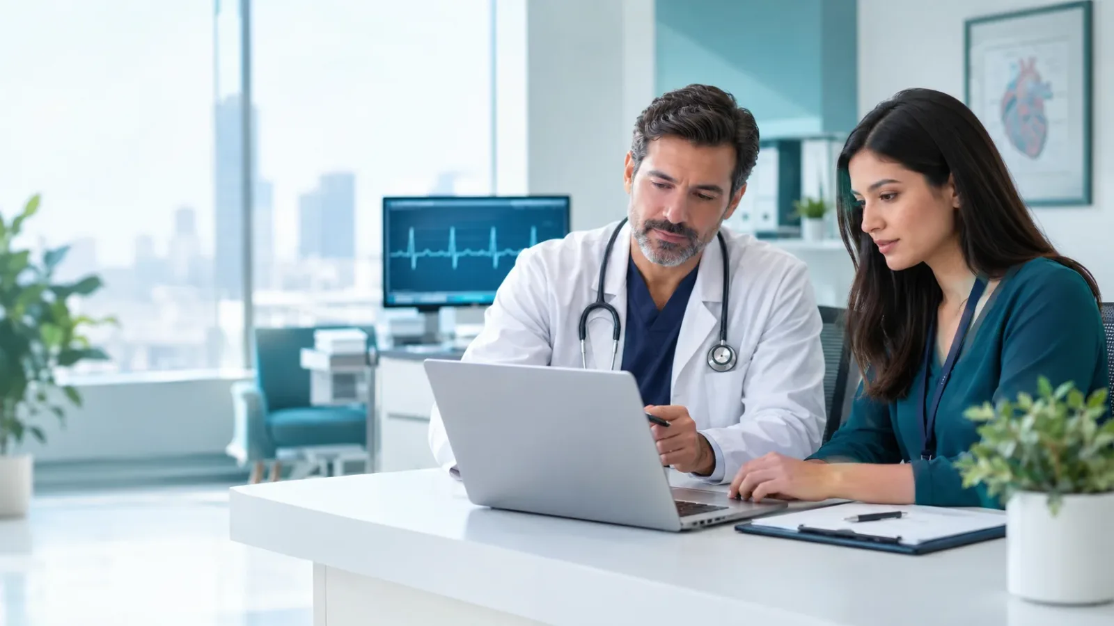 Cardiology medical billing specialist reviewing a cardiac procedure claim with a cardiologist