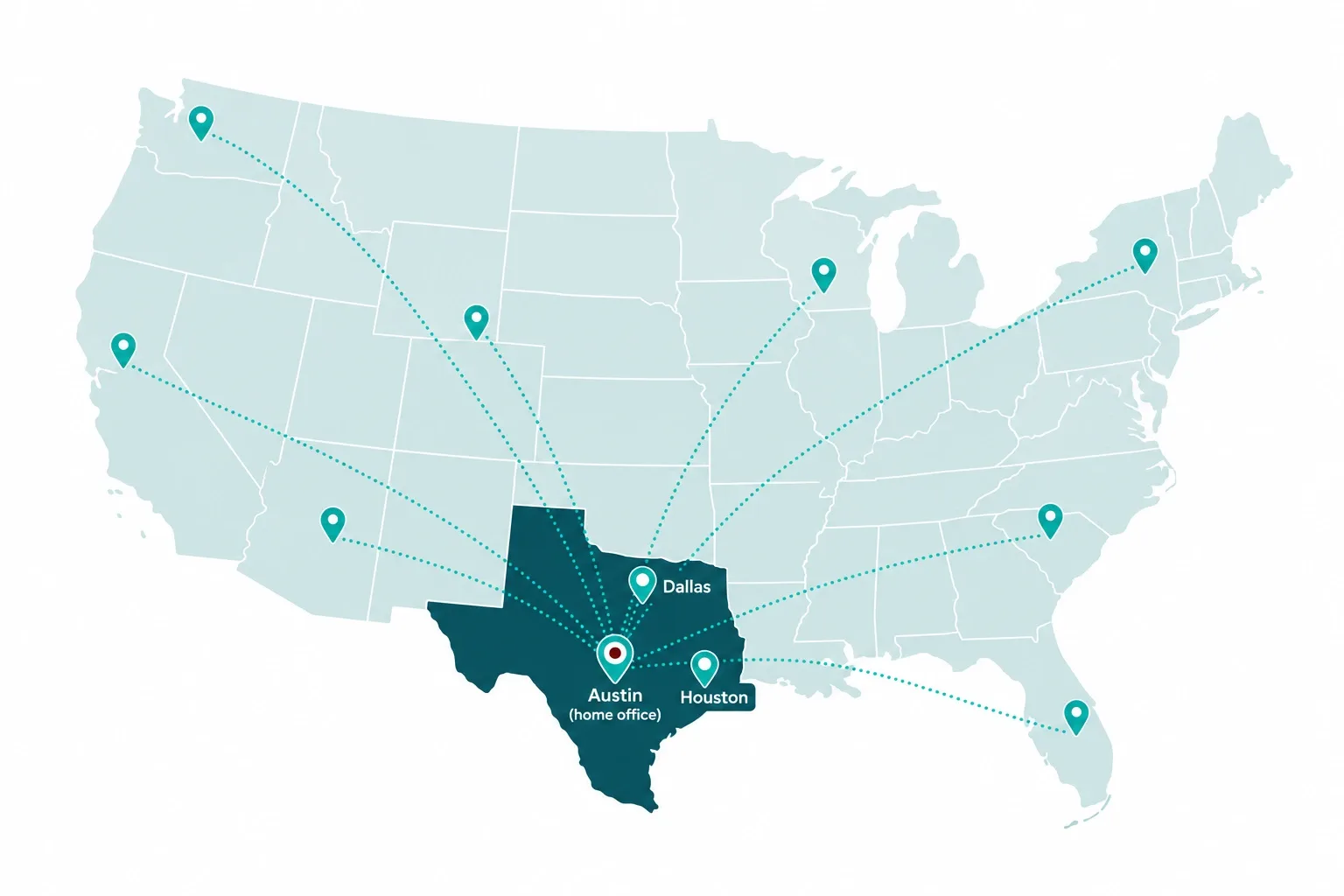 Cardiology Medical Billing 2 Map of the United States with Prime Medical Revenue offices highlighted in Austin, Houston, and Dallas, Texas